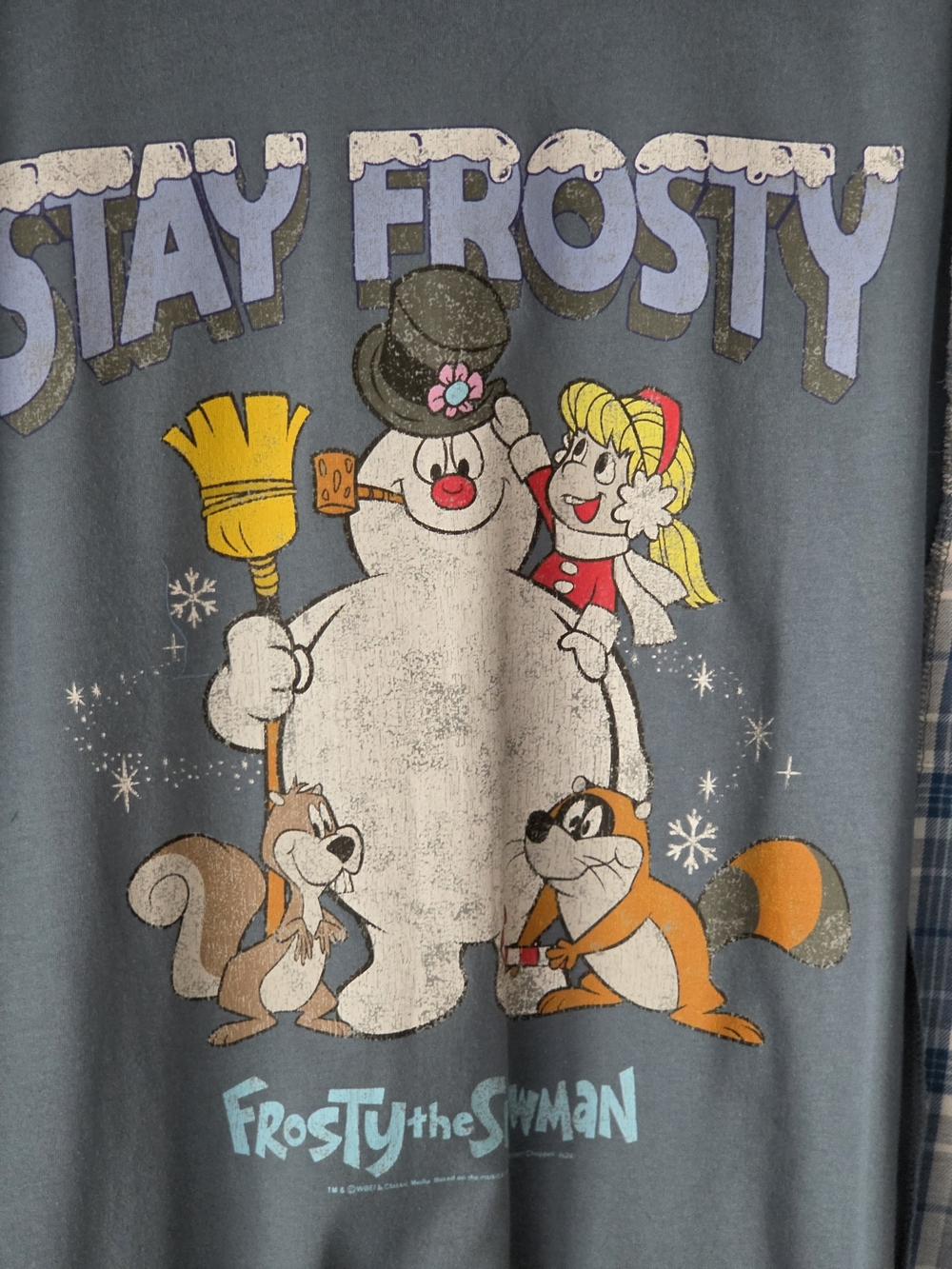 Upcycled Stay Frosty Graphic T-shirt with Plaid Sleeves - Picture 5 of 10
